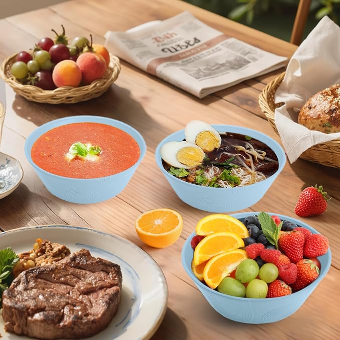 Homienly Alternatives Plastic Bowls - Cereal Bowls 36oz, Wheat Starw Bowl Set of 6, Microwave and Dishwasher Safe Bowls,Soup Bowl Sets for Kitchen,Serving Soup,Salad (Sky Blue)