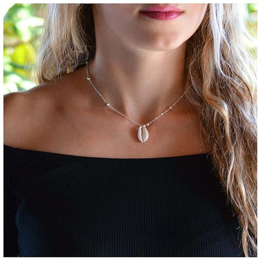 Bohemia Sea Shell Choker Necklace Natural Shell Pendant Necklace Minimalist Cowrie Necklace Silver Satellite Chain Necklace Jewelry for Women and Girls-BrightBean Baby