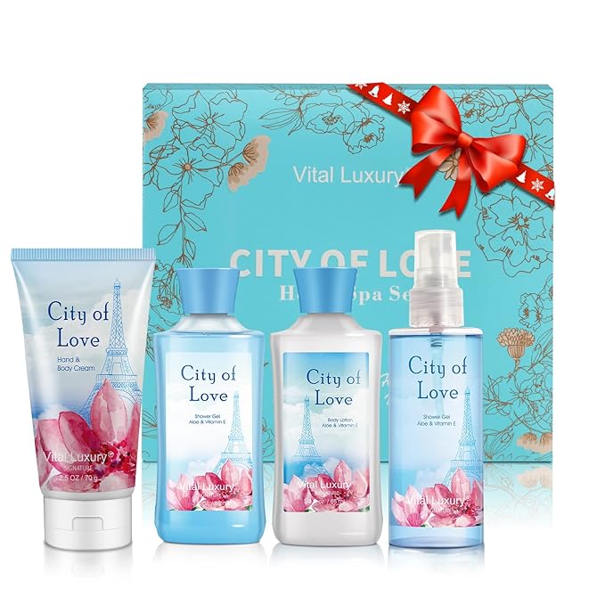 Bath & Body Kit, 3 Fl Oz, Ideal Skincare Gift Home Spa Set, Includes Body Lotion, Shower Gel, Body Cream, and Fragrance Mist, Birthday Mother's Valentine's Day Gifts(City of Love)-BrightBean Baby