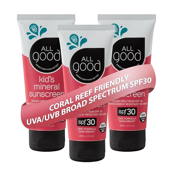 All Good Baby & Kids Sunscreen Lotion for Face & Body - UVA/UVB Broad Spectrum, SPF 30, Zinc Oxide, Coral Reef Friendly, Water Resistant - Zinc, Shea Butter, Coconut Oil, Aloe (3 oz)(3-pack)-BrightBean Baby