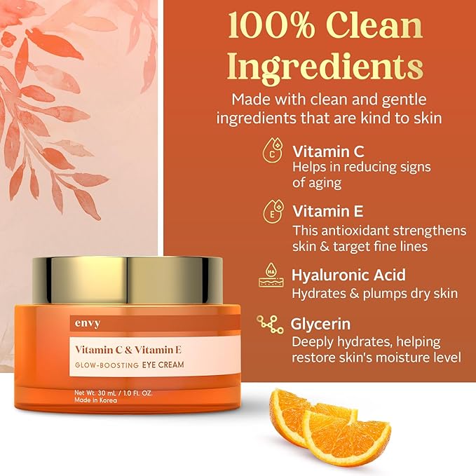 Envy Vitamin C & Vitamin E Under Eye Cream - For Dark Circles and Puffiness, Brightening & Anti-Aging Under Eye Cream - Rejuvenates Fatigued Eyes - Cruelty Free Korean Skin Care - 1.01 OZ-BrightBean Baby
