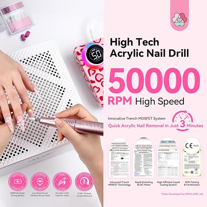 SAVILAND Electric Nail Drill Professional: 50000 RPM Electric Nail File Rechargeable Cordless Nail Drill Kit with Ceramic Drill Bits for Quick Acrylic Nail Removal Ambient Light Leopard Heart Print-BrightBean Baby