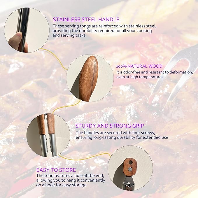 H&Zebrabro Food Tongs with Wood Tip, Salad Tong for Cooking, Serving, Grill, Kitchen Tongs Stainless Steel Handle, Kitchen Tools Set (Small)