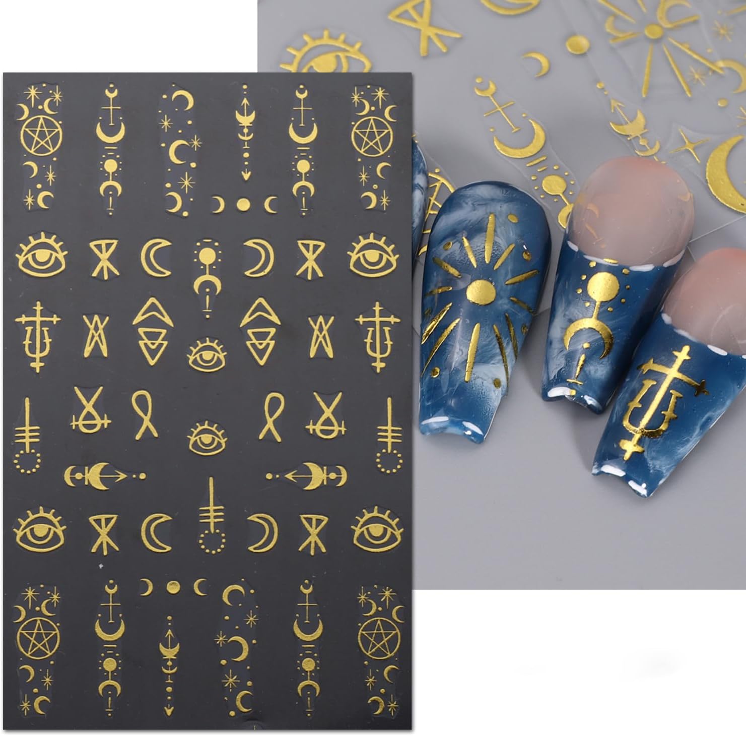 5 Sheets Metallic Gold Nail Art Stickers 3D Self-Adhesive Nails Stickers Bohemian Sun Moon Hexagram 3D Decal Supplies Women DIY Gold Metal Nail Art Decoration-BrightBean Baby