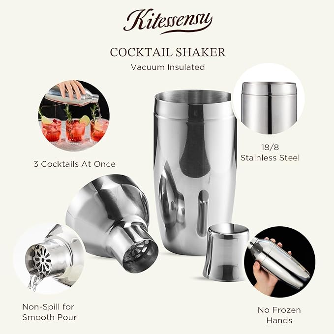 KITESSENSU Cocktail Shaker Set with Carry Case: Vacuum Insulated Martini Shaker with Built-in Strainer, 2 Martini Glasses, Measuring Jigger, Bar Mixing Spoon & Cocktail Recipes, Travel Bar Tool Set