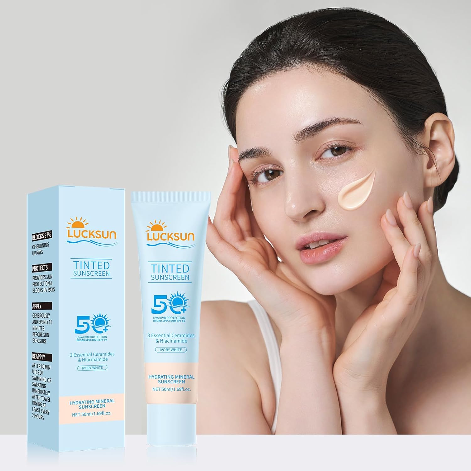 Tinted Sunscreen for Face SPF 50, 2 PCS Defense SPF 50 Face Sunscreen Lotion with Hyaluronic Acid, Sun Essence Faces Sunscreens, Hydrating, Moisturizing, UV Defense, Travel Size (Light Color)-BrightBean Baby