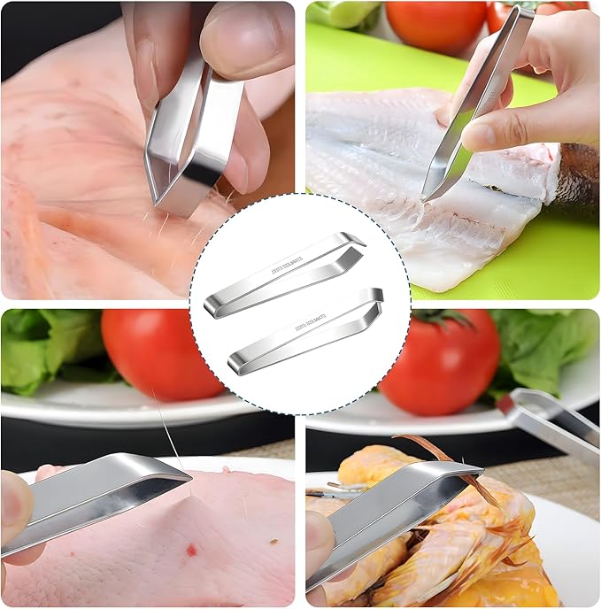 4 PCS Fish Bone Tweezers,430 Stainless Steel Flat & Slant Pliers Set for Kitchen Removing Salmon Trout Bones,Chicken Feathers