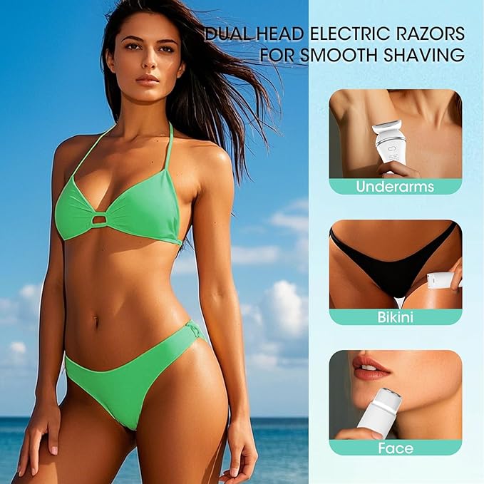 Epilators Hair Removal for Women-2 in 1 Eletctric Razors for Women,Dual Head Bikini Trimmer for Pubic Hair/Lady Facial Razor,Cordless Epilator Body Shaver for Smooth Wet/Dry Shaving,Led Light-BrightBean Baby
