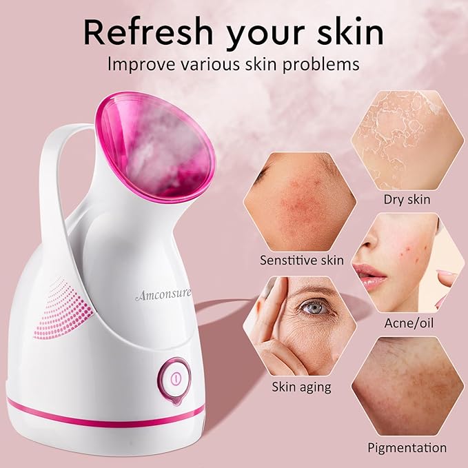 Amconsure Facial Steamer - Nano Ionic Face Steamer Warm Mist Steamer for Home Sauna SPA, Humidifier for Face Steamer for Deep Cleaning Unclogs Pores Sinuses - Bonus 5 Piece Stainless Steel Skin Kit-BrightBean Baby
