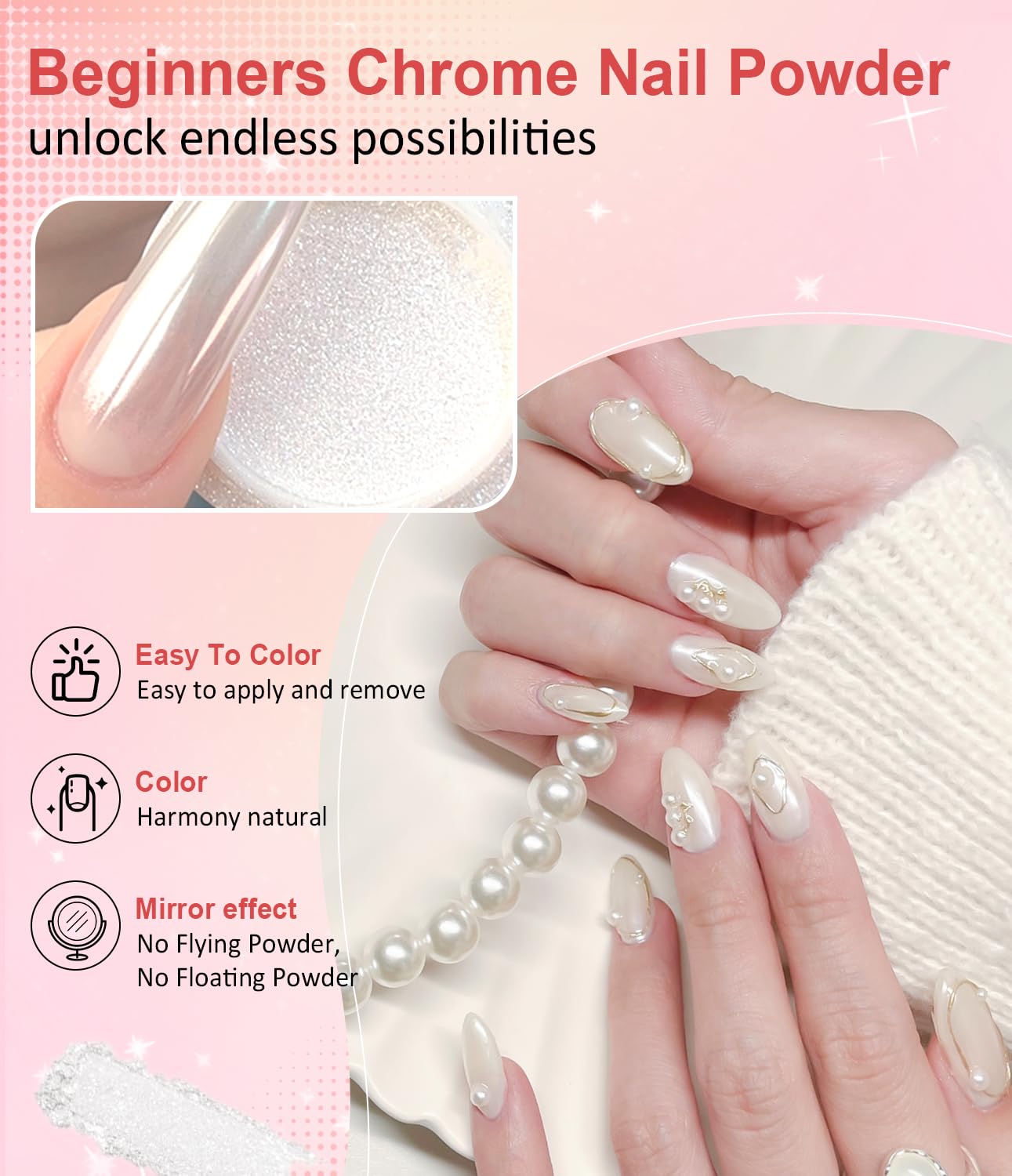 Gold Chrome Nail Powder BISHENGYF -【Magic Mirror Effect】 Pearl Chrome Nail Powder White Clear Aurora Mermaid Iridescent Nail Chrome Powder Pigment Glitter Dust for Manicure Decoation DIY-BrightBean Baby