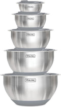 Viking Mixing Bowls Set, 10 Piece Stainless Steel Kitchen Cookware, Non-Slip Silicone Base, Includes Tight Fit Lids, Dishwasher Safe, Grey