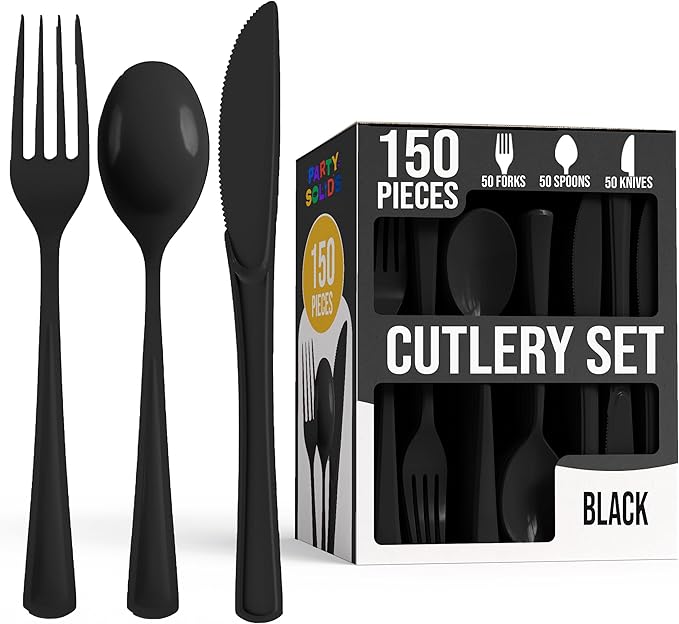 Party Solids Black Plastic Silverware Heavy Duty 150 Pieces Black Plastic Cutlery Sets, Utensil Sets, 50 Of Each Forks, Knives & Spoons Disposable Cutlery Set, Flatware Set For Party Supplies