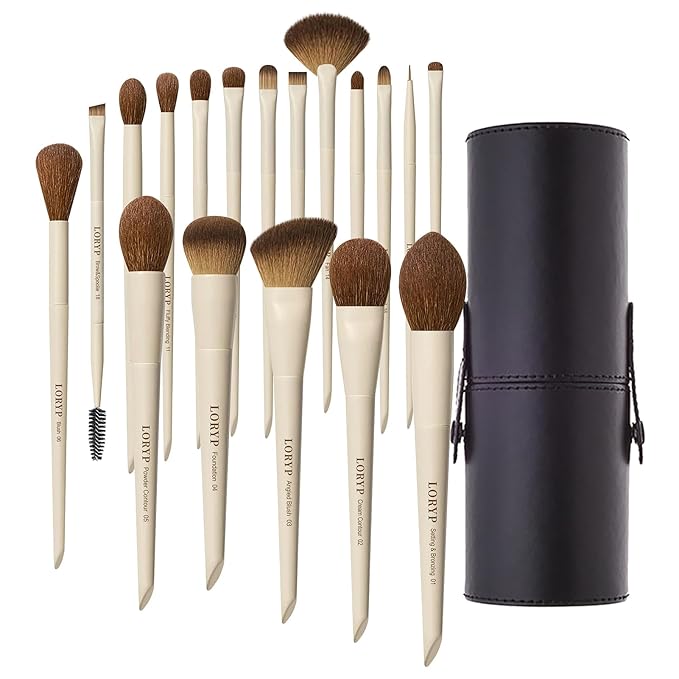 LORYP 18 Piece Makeup Brushes Set Labeled Face and Eye Brush Set Complete with Foundation, Concealer, Contour, Blending, Blush, Eyeshadow Brushes with Travel Holder Case-BrightBean Baby