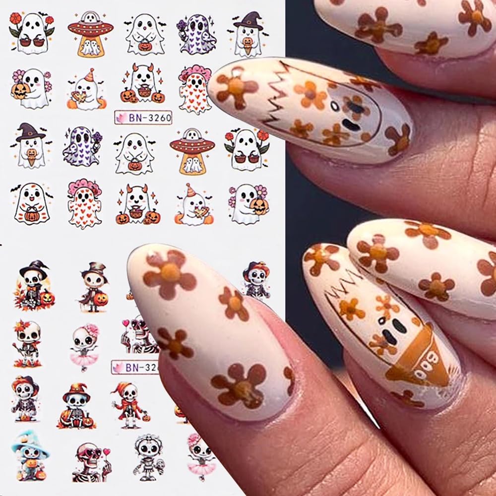 Halloween Nail Decals - Cute Cartoon Water Transfer Foil for Women - Pink Pumpkin Ghost Skeleton Witch Bat Designs - DIY Nail Art Decor - 12Pcs-BrightBean Baby