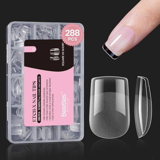 Beetles Gel Nail Tips 288 pcs Extra Short Square Nail Tips 12 Sizes Full Cover Gel Press On Nails Half Matte Acrylic Square Fake Nail Extension Set for Women Home DIY-BrightBean Baby