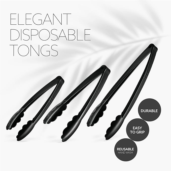 Plasticpro Heavy Duty Reusable Black Serving Tongs Combo Set - 4 Pieces (7.5'', 9'', 12'') for Kitchen, BBQ, Parties, Catering, Events, Weddings - Pack of 12