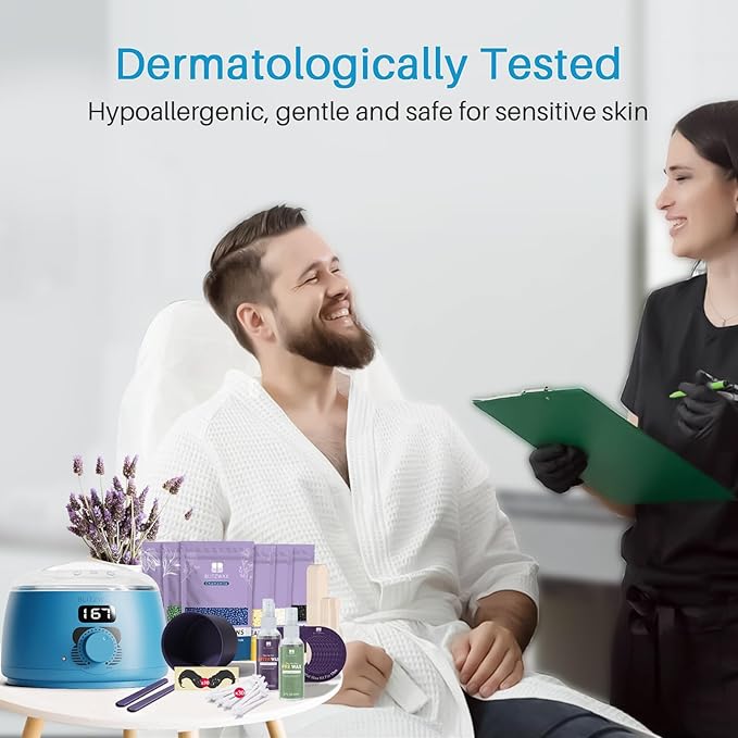 BLITZWAX Back and Nose Waxing Kit for Men, Hard Wax Warmer for Brazilian, Body and Face, At Home Hair Removal Kit, Beginner Friendly, Quick Heating, 93 Accessories, Royal Blue-BrightBean Baby