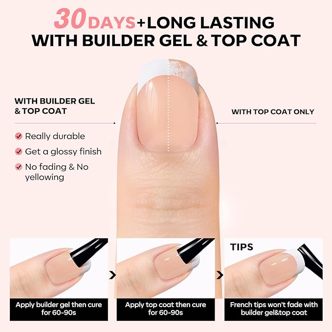 modelones French Tip Press on Nails, Short Square Fake Nails with Nail Box, Nude Gel Nail Tips for Women, Soft Glue-On Nails for Natural Salon Look, DIY Nail Art Kit-BrightBean Baby