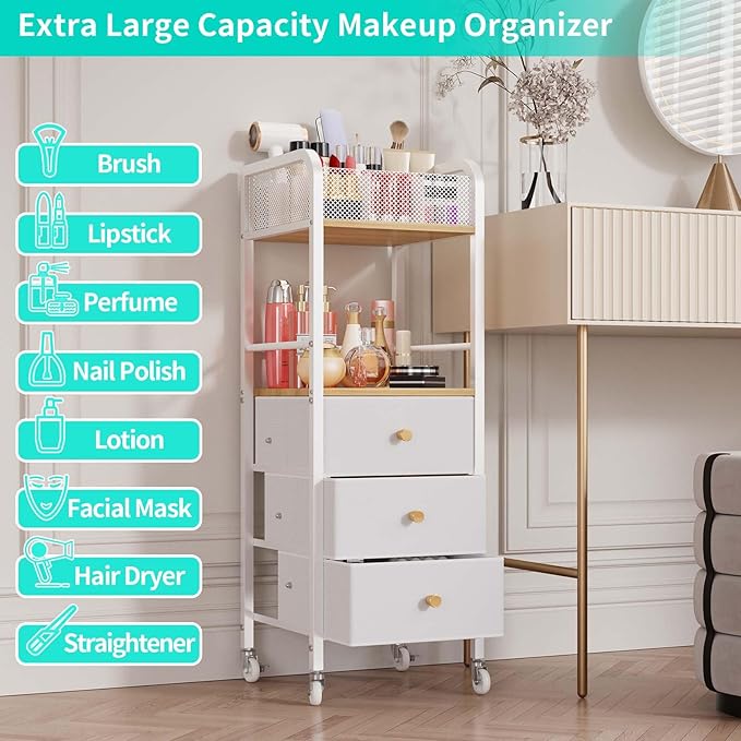 HapiRm Rolling Makeup Cart Organizer - Floor Skincare Make Up Storage with 3 Drawers, Vanity Organizer Cosmetic Display Cases Holder for Skin Care Perfume Nail Polish Brush Hair Tool-BrightBean Baby