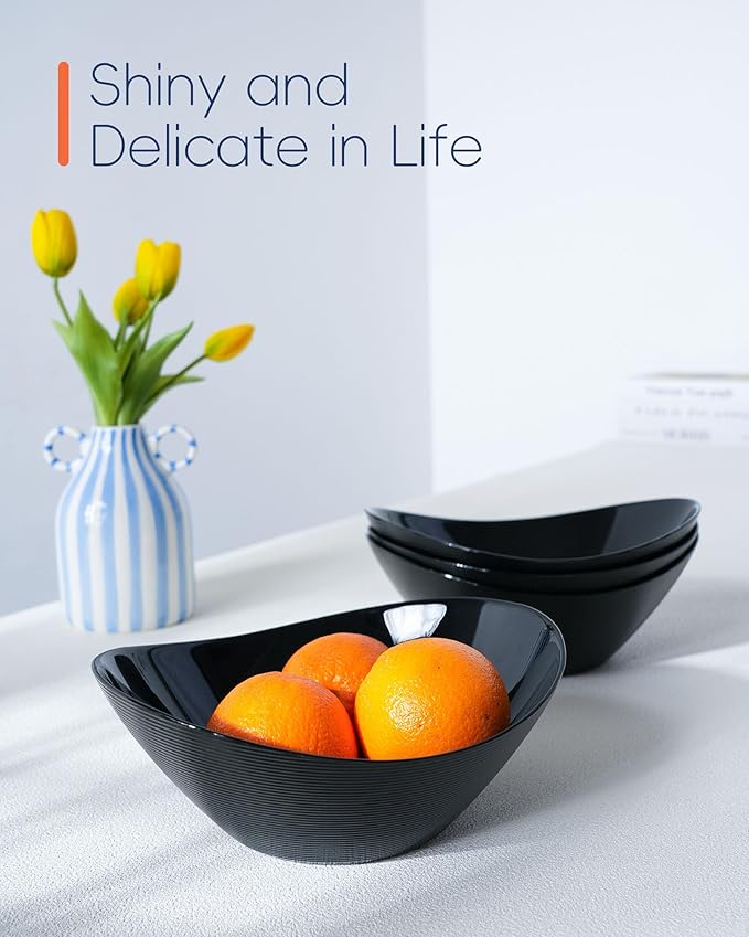 43 OZ Serving Bowl Set of 4, Opal Glass 9 inch Oval Serving Dishes for Salad, Side Dishes, Fruit Kitchen, Microwave & Dishwasher Safe, Black