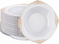 Nervure 50PCS White Plastic Bowls with Rose Gold Rim - 12oz White Disposable Soup Bowls, Heavy Duty Salad Ice Cream Bowl Perfect For Weddings, Parties and Everyday Use