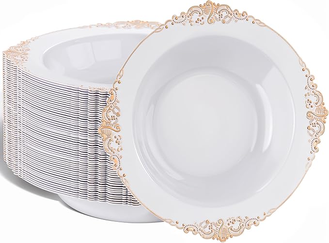Nervure 50PCS White Plastic Bowls with Rose Gold Rim - 12oz White Disposable Soup Bowls, Heavy Duty Salad Ice Cream Bowl Perfect For Weddings, Parties and Everyday Use