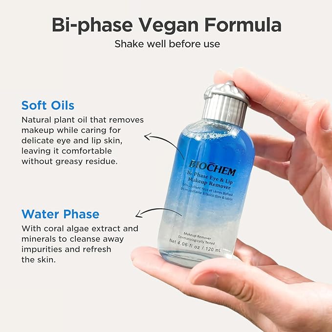 BIOCHEM Bi-Phase Eye & Lip Heavy Makeup Remover, Waterproof Mascara Remover, Gentle Cleanser liquid for Makeup with Natural Ingredients for Sensitive, Normal Skin Types (4.06 fl. oz / 120 ml)-BrightBean Baby