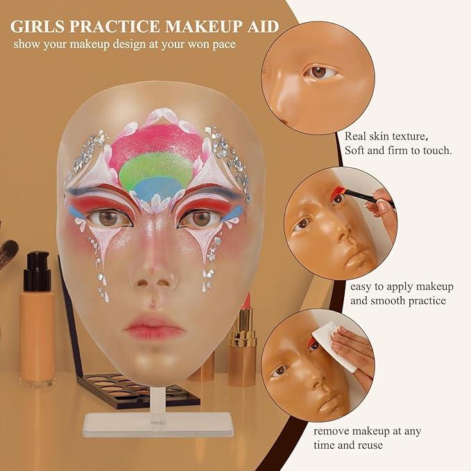 Make Up Practice Face, Face Painting Mannequin Head with Stand, 5D Reusable Silicone Face Practice Board, Mannequin Head for Makeup with Makeup Kit, Practice Face for Makeup Artist & Beginner, Brown-BrightBean Baby