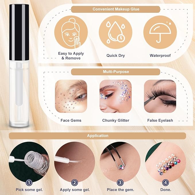 Colorful Face Gems for Makeup Set, Flatback Gorgeous Charming AB Glass Gem with Makeup Glue+Picker Pencil+Tweezer+Dual-End Dotting Tool for Eye Body Hair Make-up and Nail Art Deco-BrightBean Baby