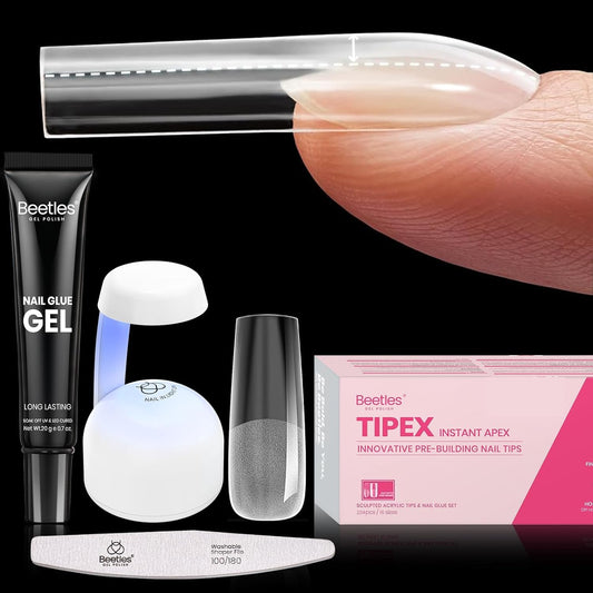 Beetles Tipex Nail Tips Kit, Long Square-C Curved Half Matte Nail Tips 224 Pcs 16 Sizes Pre Building Fake Nails with Tipex Nail Glue, Mini Nail Lamp - Thick Acrylic Nail Set-BrightBean Baby