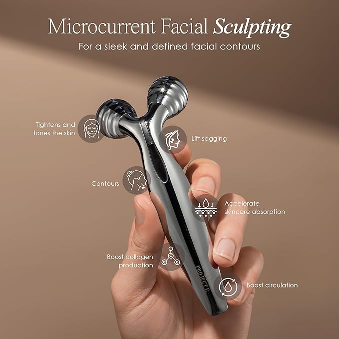 VORA Microcurrent Facial Roller by Project E Beauty | 3D Face & Body Massager | Instant Face Lift & V-Shape | Collagen Boost | Tightens Skin | Anti-Aging | Roller Tightens Skin | Solar Powered-BrightBean Baby