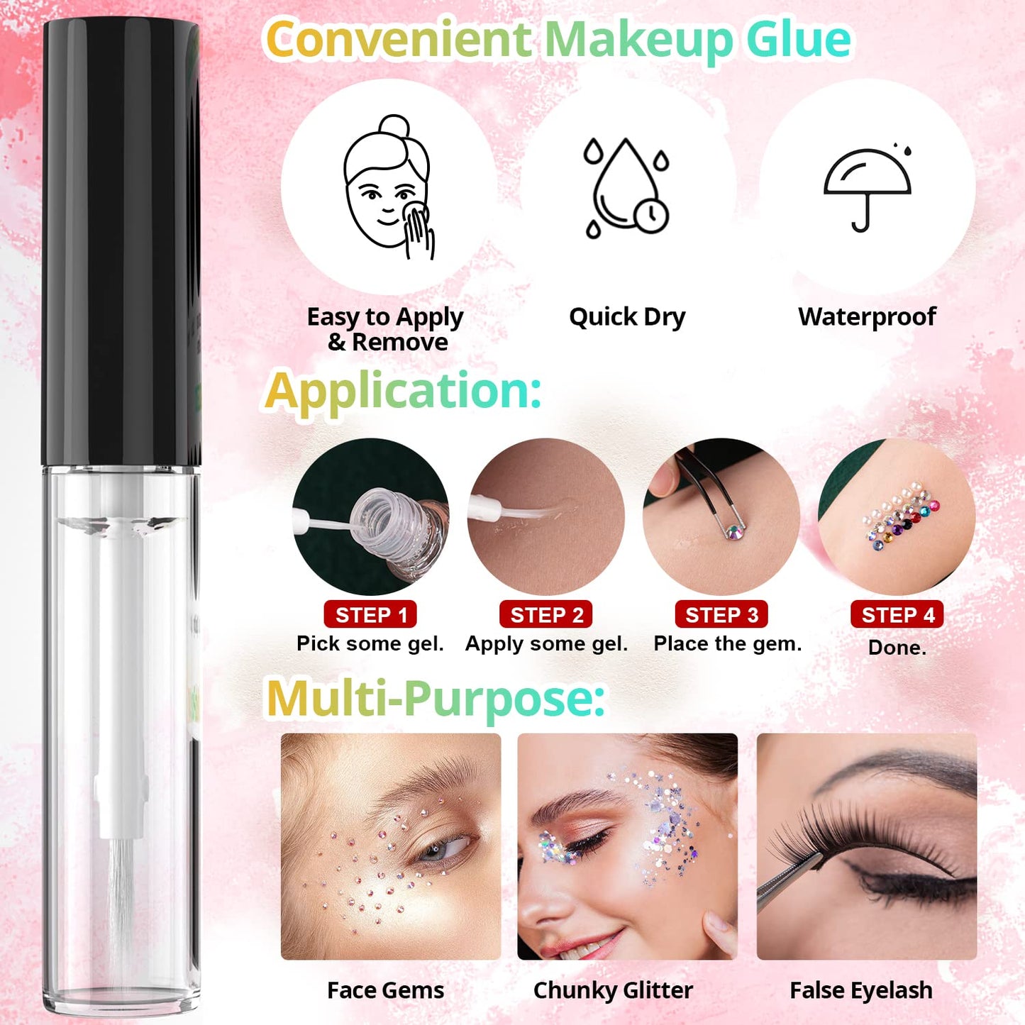 Colorful Flatback Face Gems and Beige Pearls for Makeup with Quick Dry Glue, Half Round Pearls Nail Art Rhinestones Glass Crystal Beads for Make-up Deco with Pickup Pencil + Tweezer-BrightBean Baby