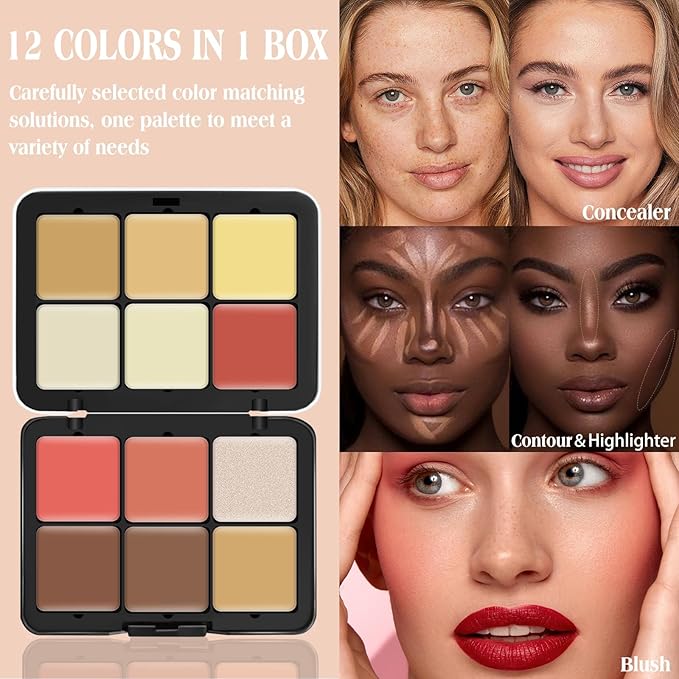 12 Colors Cream [Blush+Contour+Concealer+Highlighter] Makeup Palette for Cheeks - Multi-functional Makeup Palette with Brush, Natural Matte Long Wearing, Waterproof Face Makeup Palette (#05)-BrightBean Baby