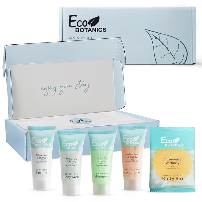 Eco Botanics Amenity Kit | Boxed Hotel Toiletries | Bulk Set 0.85 oz Travel Size Shampoo, Conditioner, Lotion, Body Wash & Body Bar Soap for Guest Hospitality AirBnB/Vacation Rentals | 1 set per case-BrightBean Baby
