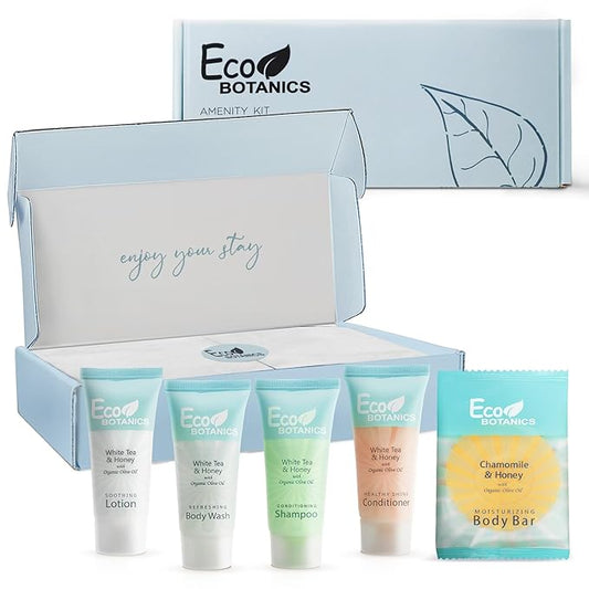Eco Botanics Amenity Kit | Boxed Hotel Toiletries | Bulk Set 0.85 oz Travel Size Shampoo, Conditioner, Lotion, Body Wash & Body Bar Soap for Guest Hospitality AirBnB/Vacation Rentals | 1 set per case-BrightBean Baby
