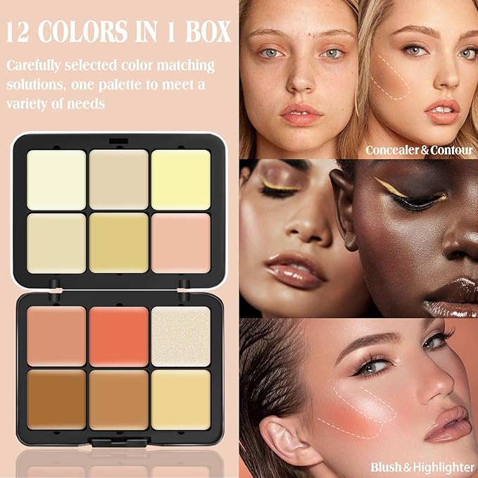 12 Colors Cream [Blush+Contour+Concealer+Highlighter] Makeup Palette for Cheeks - Multi-functional Makeup Palette with Brush, Natural Matte Long Wearing, Waterproof Face Makeup Palette (#04)-BrightBean Baby