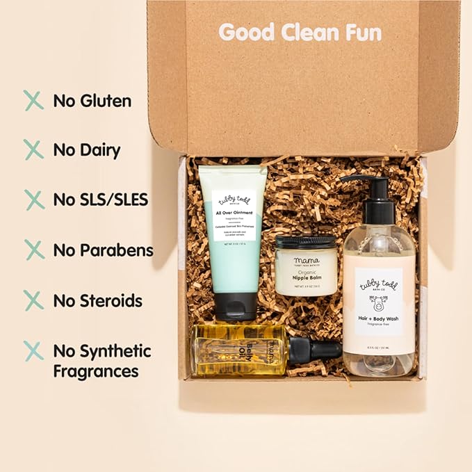 Tubby Todd New Baby & Mom Sensitive Skincare Kit - The Mama + Baby Gift Set - Baby Shampoo and Body Wash, All Over Ointment, Belly Oil & Nipple Balm - Standard Size Fragrance-Free-BrightBean Baby