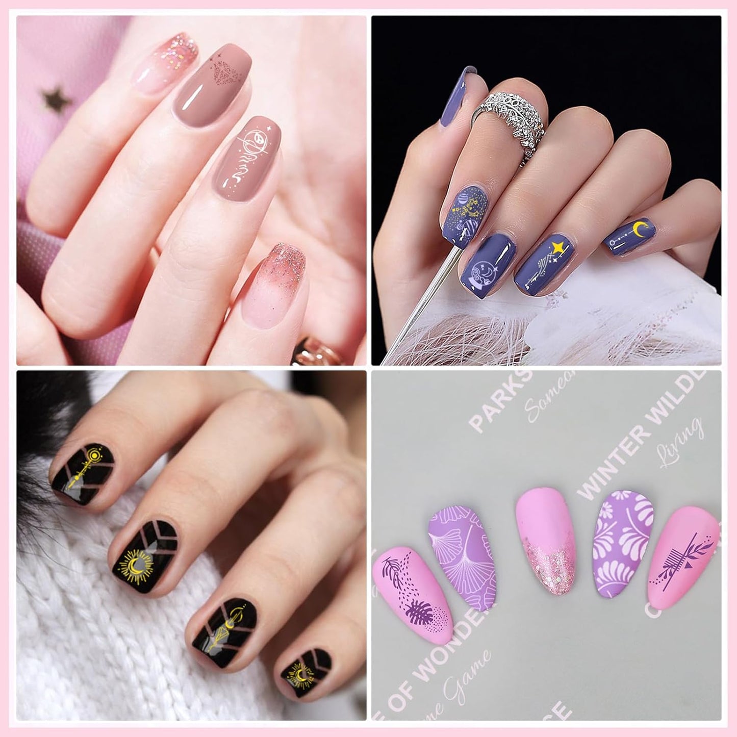 Biutee 4PCS Nail Stamping Plates Set, Includes Nail Art Stamper & Scraper - French Line Lace, Space, Animal, Flower, Leaf Designs - Large Nail Art Stencils Templates for DIY Manicure-BrightBean Baby