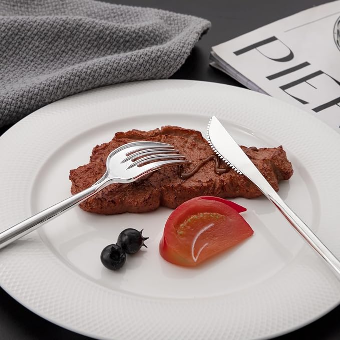 LIYH 102 Pcs Silver Plastic Silverware - Heavyduty Plastic Cutlery Set Disposable Utensils Flatware Set Knives Forks Spoons Disposable Cutlery