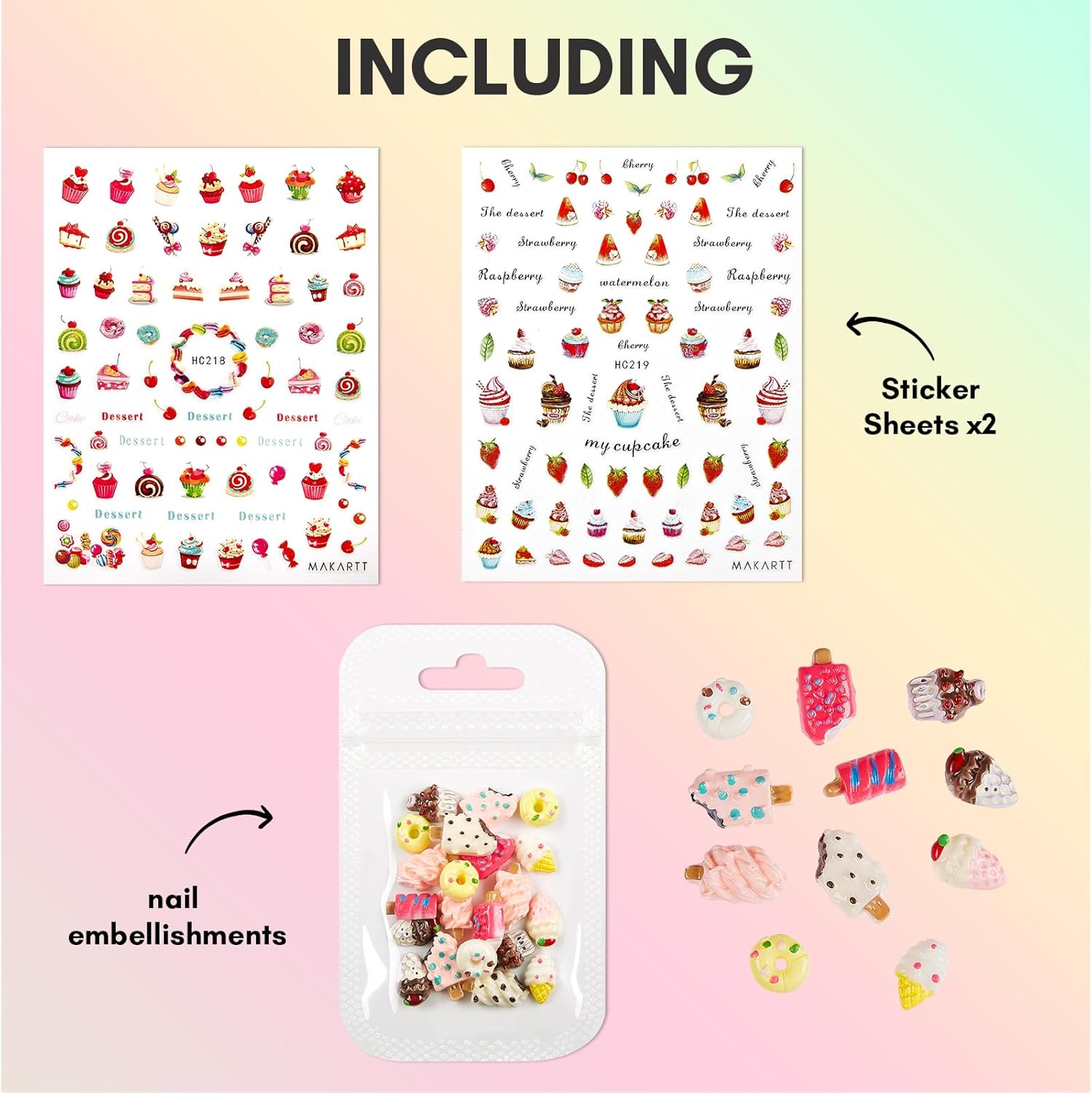 Makartt Nail Decorating Kit, 10pcs Designer Nail Stickers, Cute Dessert Nail Art Decor for DIY Manicure, Salon Accessories for Creative Nails Designs-BrightBean Baby