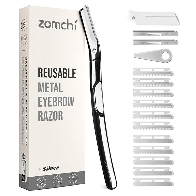 ZOMCHI Eyebrow Razor and Face Razor for Women and Men, Reusable Metal Handle with 11 Refill Blades, Dermaplane Razor with Protective Silicone Cap, Eyebrow Hair Trimmer - Polished Silver-BrightBean Baby