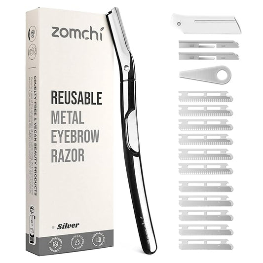 ZOMCHI Eyebrow Razor and Face Razor for Women and Men, Reusable Metal Handle with 11 Refill Blades, Dermaplane Razor with Protective Silicone Cap, Eyebrow Hair Trimmer - Polished Silver-BrightBean Baby