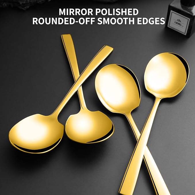 4 Piece Stainless Steel Serving Spoons Set - 4 Large Spoons, 9.2-Inch, Dishwasher Safe, for Parties/Kitchen/Buffet/Catering,Gold