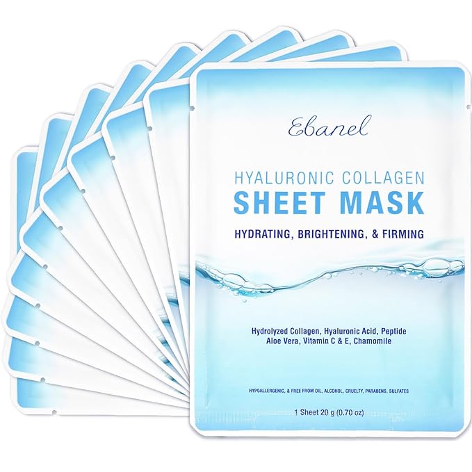 Ebanel 10 Pack Collagen Face Mask with Hyaluronic Acid, Vitamin C, Peptide, Aloe, Instant Brightening Hydrating Face Masks Skincare Korean Sheet Mask, Skin Firming, Lifting Anti Aging Facial Masks-BrightBean Baby