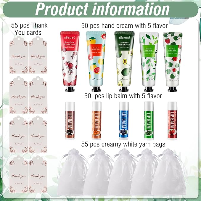 50 Set Bridal Shower Favors for Guests,Hand Cream Bulk and Lip Balm Bulk for Bridal Wedding or Baby Shower Party Gifts for Adults with Organza Bag Thank You Card-BrightBean Baby