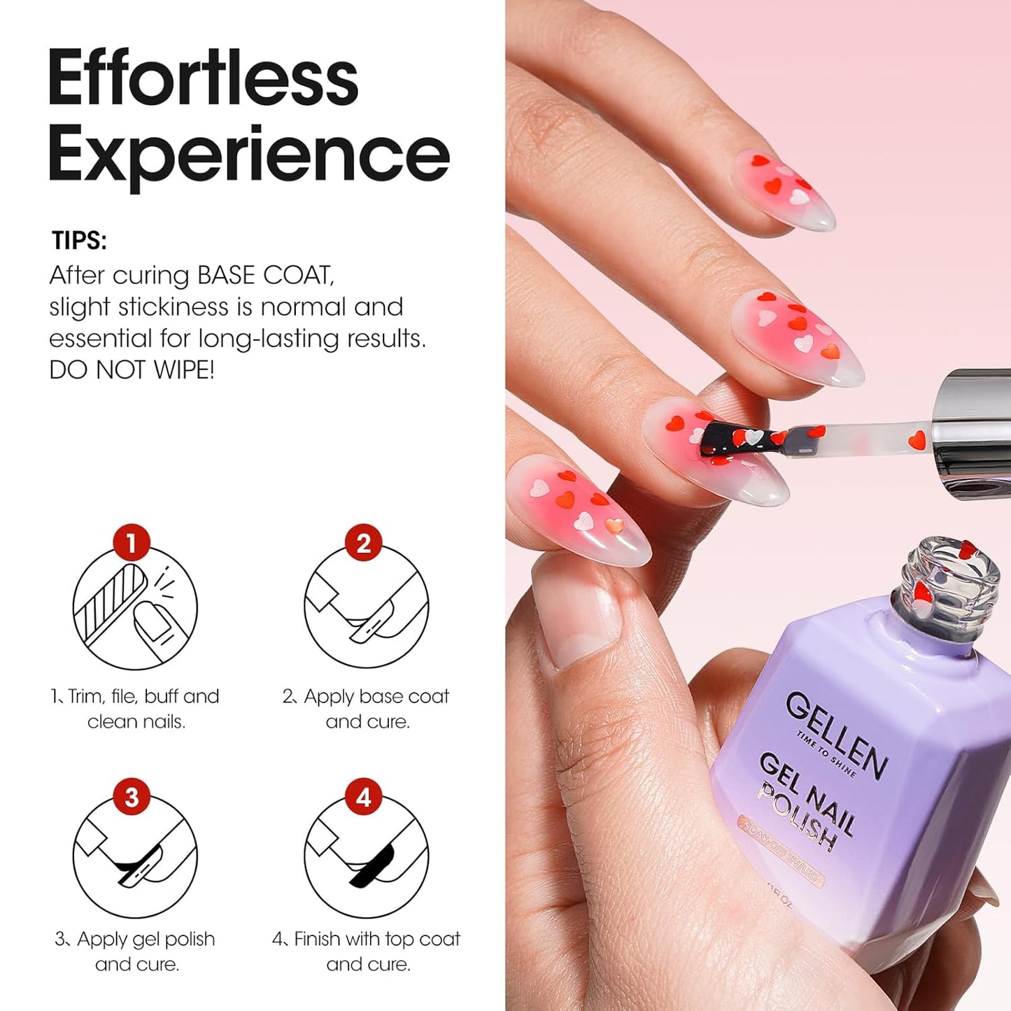 GELLEN Gel Nail Polish, 18ML Clear Nail Polish With Pink & Red Heart Shape, Valentine Gift for Her, Soak Off UV Gel Polish No Wipe, Glitter Gel Nail Polish with Stick DIY at Home-BrightBean Baby