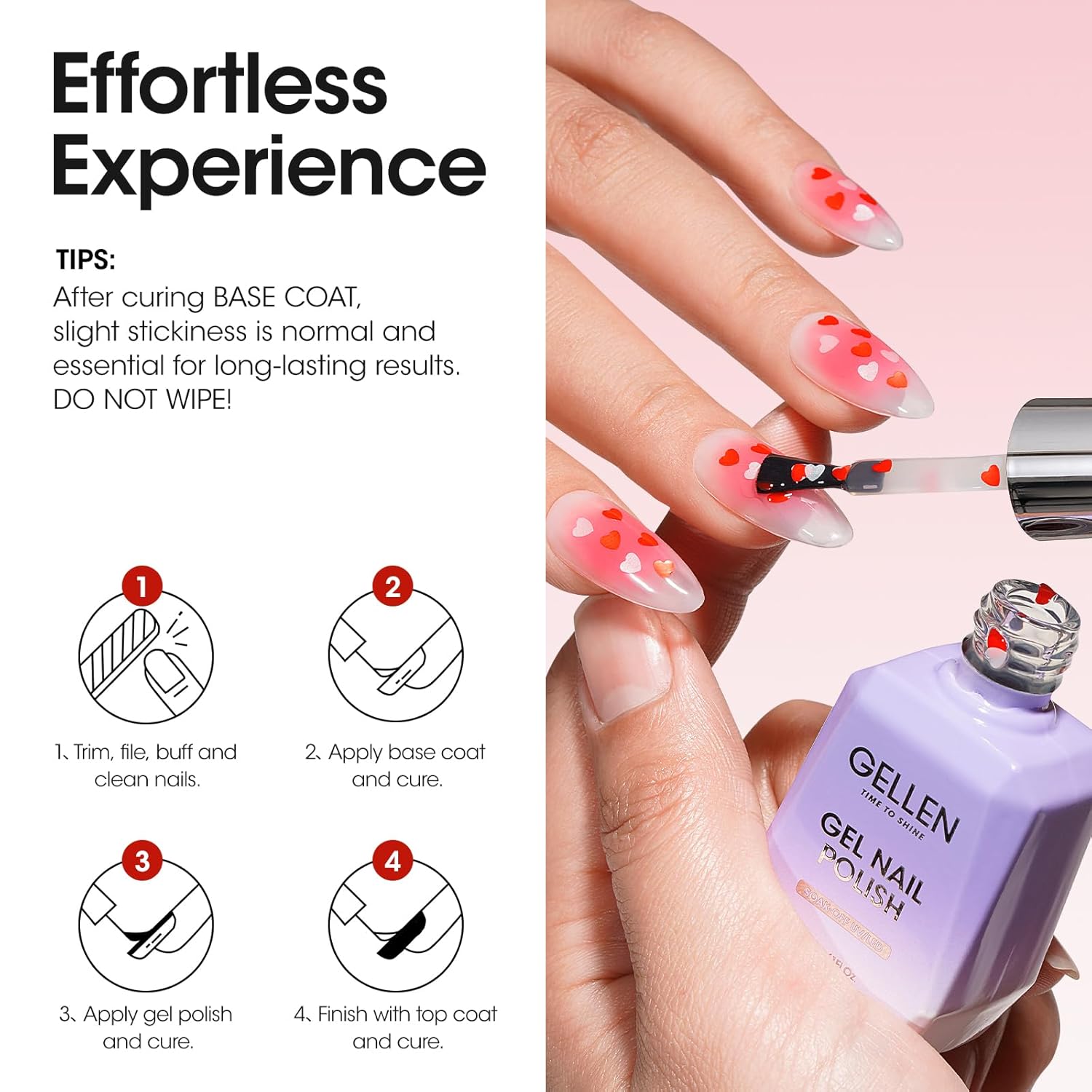 GELLEN Gel Nail Polish, 18ML Clear Nail Polish With Pink & Red Heart Shape, Valentine Gift for Her, Soak Off UV Gel Polish No Wipe, Glitter Gel Nail Polish with Stick DIY at Home-BrightBean Baby