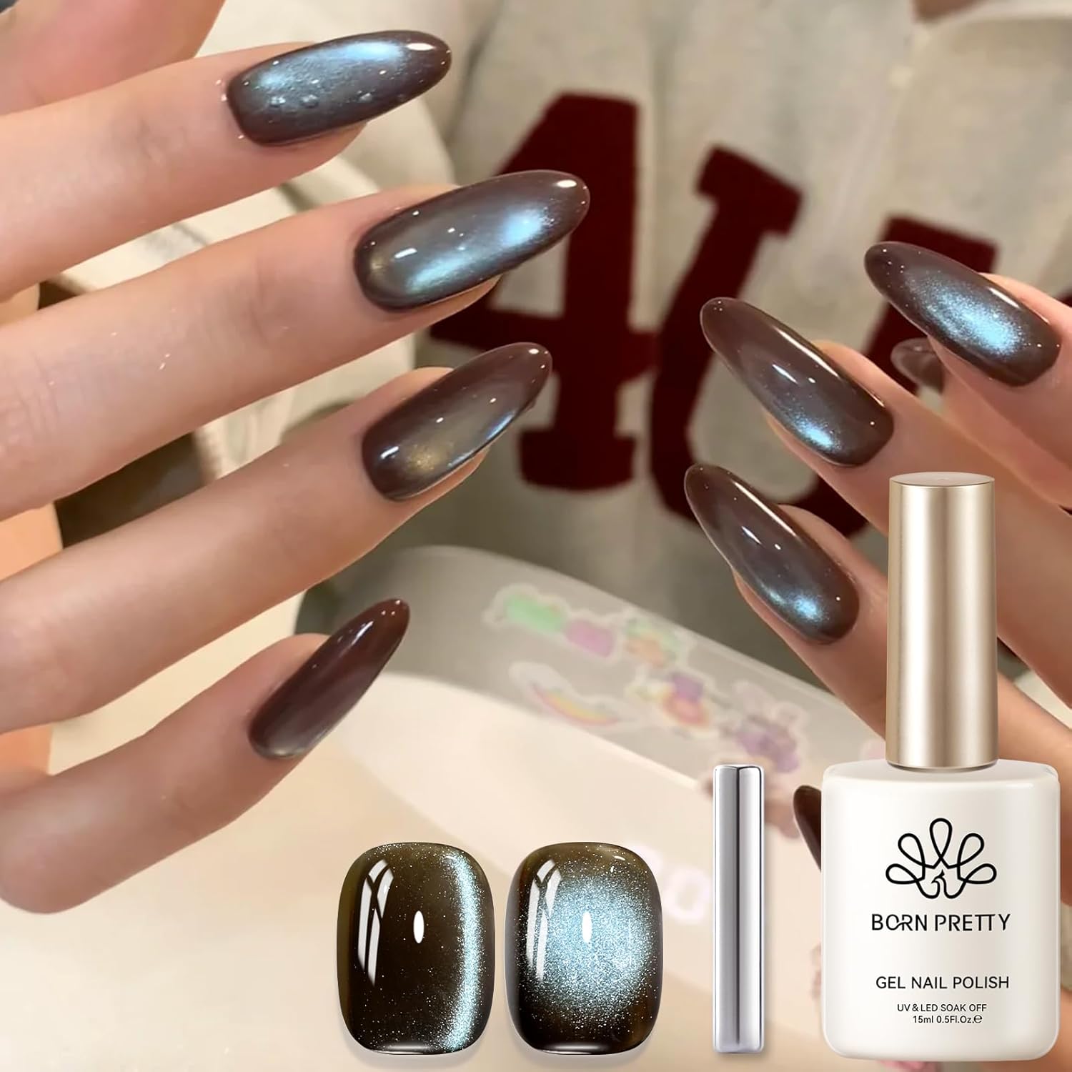 BORN PRETTY Cat Magnetic Eye Gel Nail Polish, Mint Chocolate Blue Glitter Cat Magnetic Gel Nail Polish Magnetic Nail Polish for Nail Art Manicure Salon DIY at Home 15ML-BrightBean Baby