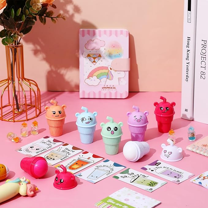 24 Sets Milk Tea Shaped Cute Lip Balm Fruit Flavored Lip Balm with Milk Tea Theme Gift Cards Milk Tea Boba Lover Birthday Baby Shower Party Inspirational Gifts Favors for Girls Kids Women-BrightBean Baby