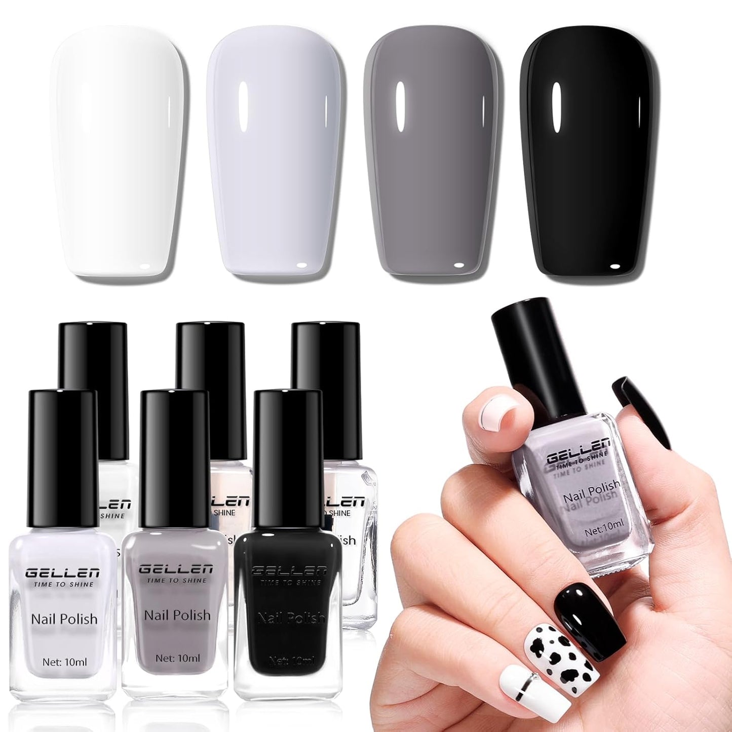 Gellen 4 Colors Black White Gray Nail Polish Set & Base Top Coat, Fall Winter Trendy Winter Black White Grey Regular Nail Polish Quick Air Dry Set for Women DIY Nails Home Salon, Hema Free, Toxin Free-BrightBean Baby